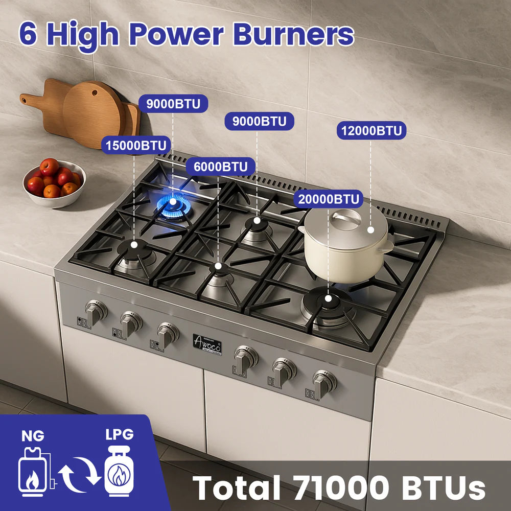Awoco Professional 36” Stainless Steel Range Top with 6 Sealed Burners
