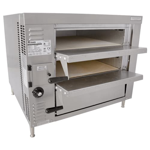 Commercial pizza oven with open door on a white background