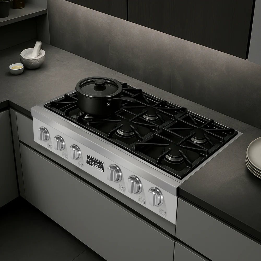 Awoco Professional 36” Stainless Steel Range Top with 6 Sealed Burners